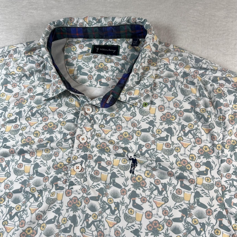 William Murray Polo Shirt Mens Large White Cocktail Tropical Golf Graphic Print